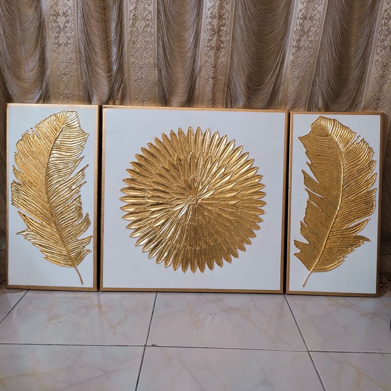 تابلو سه تیکه خورشید و برگ برجسته زمینه سفید کارشده با ورق طلا