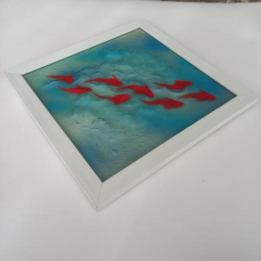 تابلو شیشه ای دستساز حوض ماهی سایز بزرگ مربع با قاب سفید
