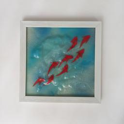 تابلو شیشه ای دستساز حوض ماهی سایز بزرگ مربع با قاب سفید