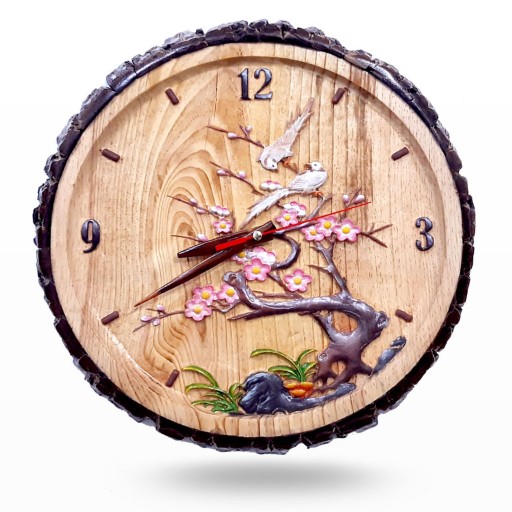 ساعت دیواری چوبی منبت کاری مدل روستیک گل و پرنده 002 (قطر40 سانتی متر)