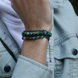 دستبند سرپنتین سبز تراش استار با چرم مصنوعی و دستبند عقیق آبی و حدید
ست