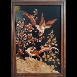 تابلو دیواری گل مرغ ودو پرنده،ژی چو، رنگ طبیعی چوب 