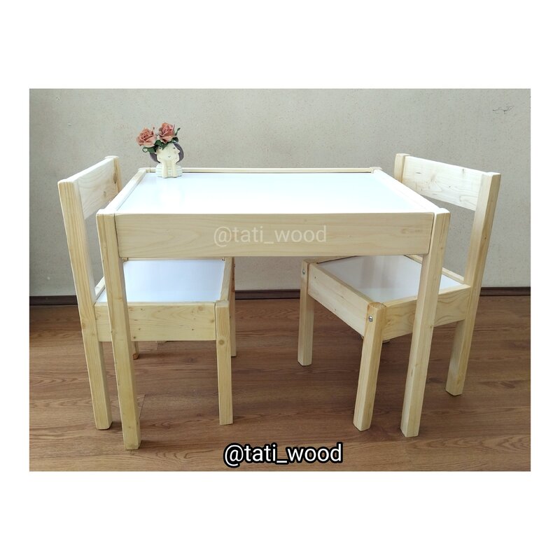 میز و دو صندلی کودک ،(سایز بزرگ،  مناسب برای 6 تا 9 سال)، سفید و رنگ چوب