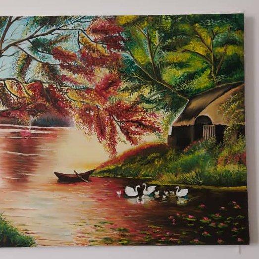 تابلوی نقاشی رنگ روغن دریاچه قو