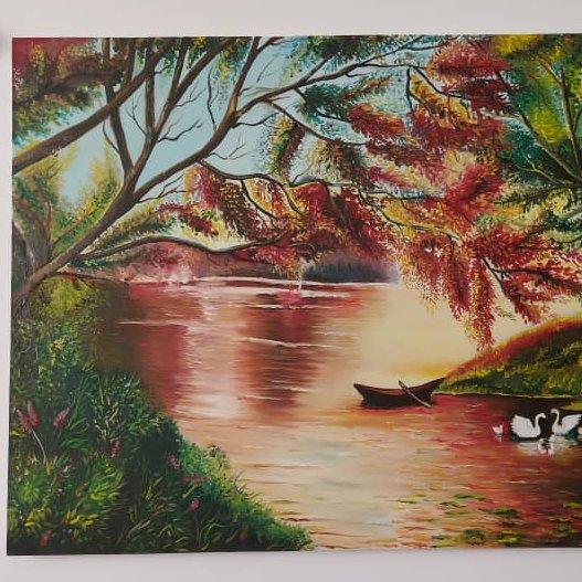 تابلوی نقاشی رنگ روغن دریاچه قو
