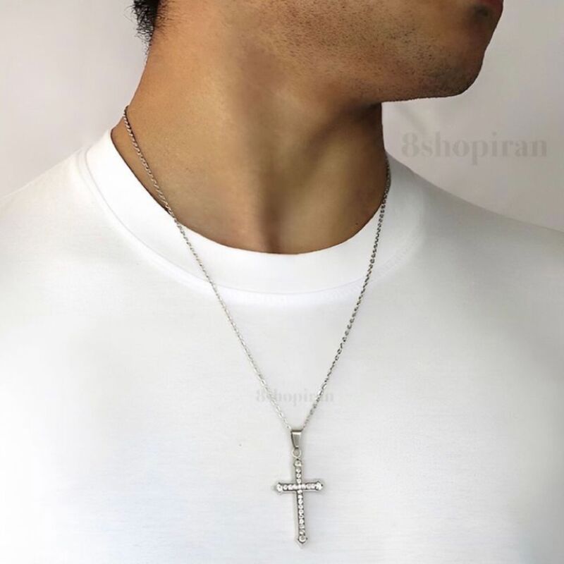 گردنبند صلیب  نقره ای نگین دار با زنجیر استیل اکسسوری اسپرت