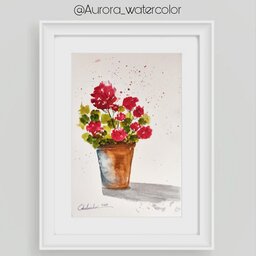 تابلو نقاشی گلدان شمعدانی تکنیک آبرنگ