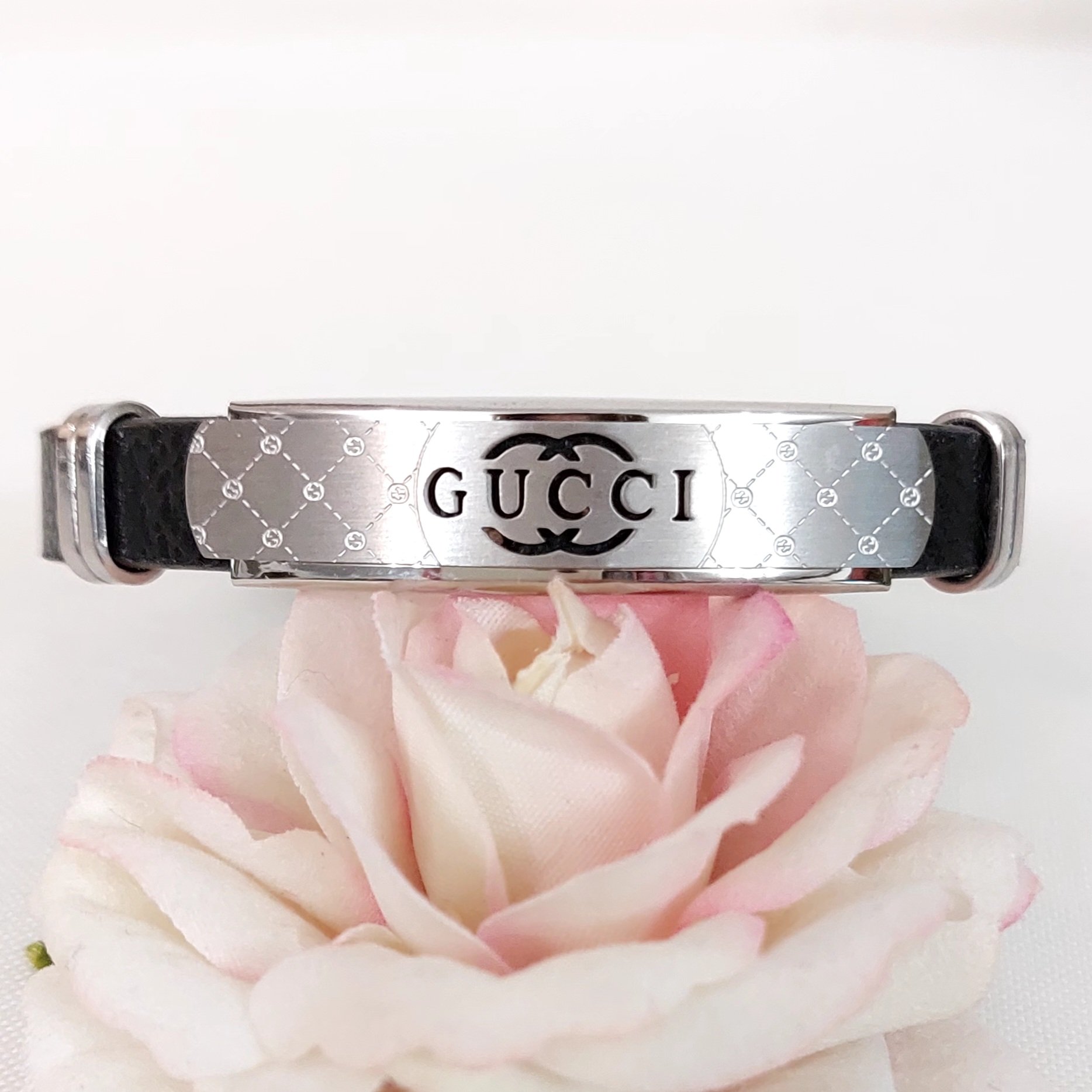 دستبند چرم با پلاک استیل GUCCI