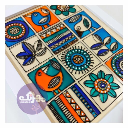 تابلوی ویترای طرح سنتی گل و پرنده در چند رنگ جذاب و زیبا