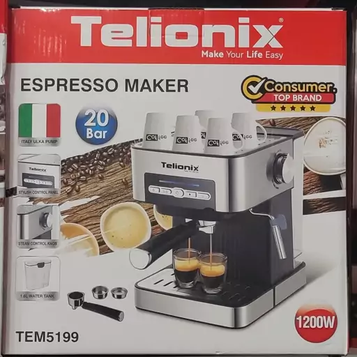 اسپرسوساز 20بار،1200وات و کیفیت عالی تلیونیکس telionix TEM5199 دارای پمپ ایتالیایی 