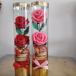 کادو گل رز استوانه ایی داخل شیشه هم گل هم عروسک خرسی  مناسب کادو  طرح رنگ بیشتر در چت باسلام 