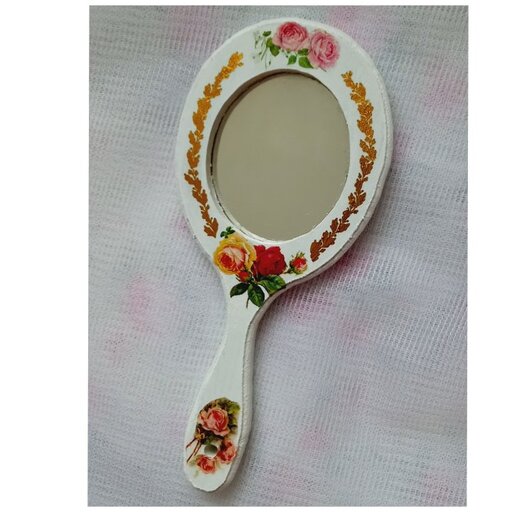 آینه آیینه آرایشی دستی چوبی طرح گل گلی پشت و رو طرح گل با جعبه کادویی شیک