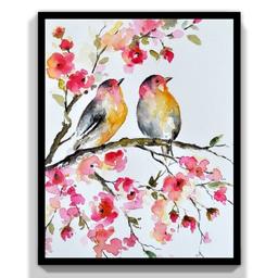 نقاشی آبرنگ طرح گل و پرنده زیبا