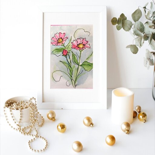 تابلوی نقاشی آبرنگ طرح گل و گلدان فانتزین