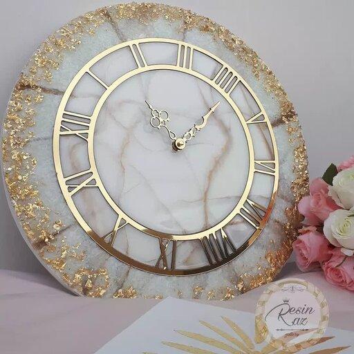 ساعت دیواری رزینی طرح مرمر(ماربل)سفید طلایی قطر 50 کار شده با کریستال و ورق طلا