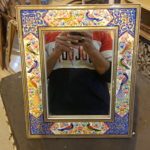 آینه نقاشی مینیاتورگل و مرغ+ خاتم کاری