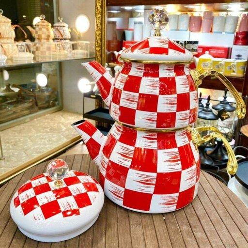 کتری و قوری لعابی سفید قرمز شطرنجی ساخت کشور ترکیه 