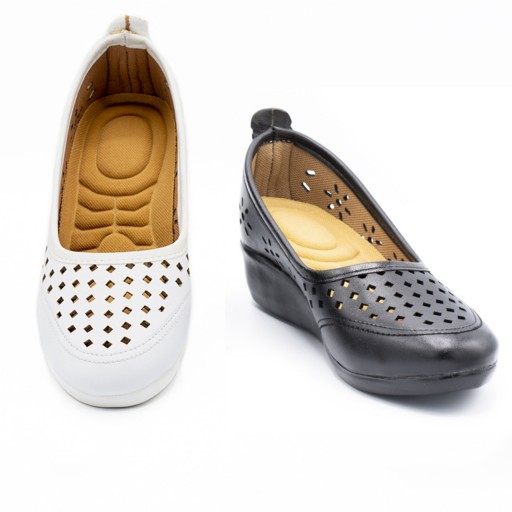 کفش زنانه مروارید جلو بسته طبی با خار پاشنه (برای درمان کمردرد) رنگ بندی مشکی و سفید سایزبندی 36-41 کفش پاپک در پا تک