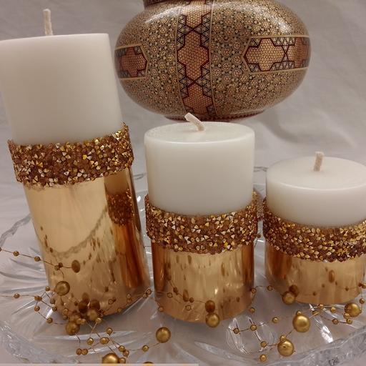 ست شمع دست ساز مدل دکوراتیو آینه ای طلایی خانه شمع سلما، مجموعه سه عددی