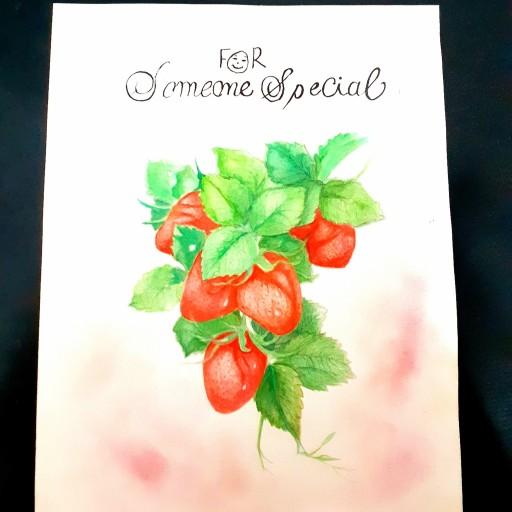 نقاشی آبرنگ طرح توت فرنگی قرمز