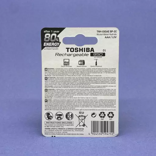 باطری نیم قلم شارژی اورجینال توشیبا TOSHIBA 950 mAH AAA کارت دو عددی باتری شارژی