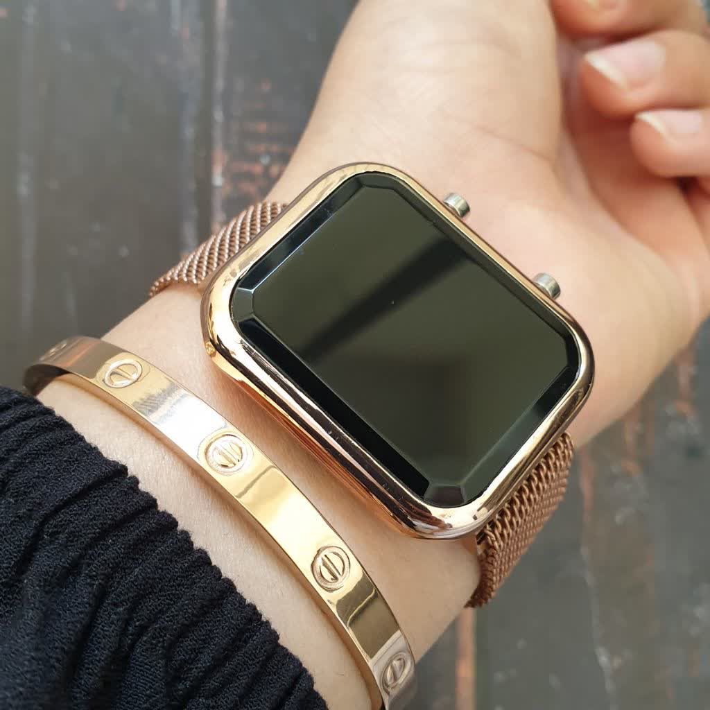 ساعت مچی ال ای دی بند حصیری مدل دو دکمه قاب رزگلد.led