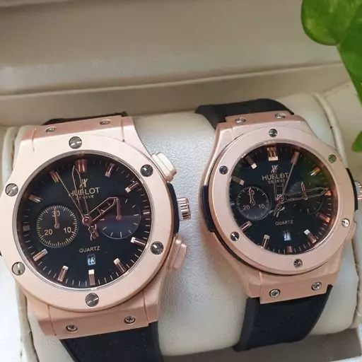 ساعت مچی ست مردانه و زنانه هابلوت بند رابر روکش چرم  صفحه سیاه HUBLOT 