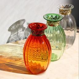 گلدان طوقدار برنجی شیشه ای دستساز B5 رنگی صنایع دستی قزوین هنر شیشه گری فوتی 