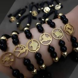 دستبند سنگ   ماه تولد مشکی طلایی رنگ ثابت ضد حساسیت مردانه زنانه دخترانه پسرانه