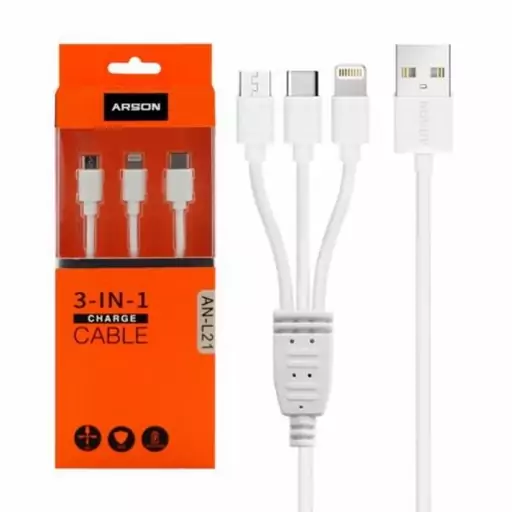 کابل شارژ USB به USB-C/ لایتنینگ/ microUSB آرسون مدل T 3 طول 1 متر
 رنگ سفید با قابلیت فست شارژ  (رنگ سفید)
