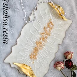 سینی رزین طلایی سفید مدل گل