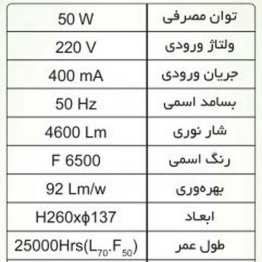 لامپ50 وات  با هجده ماه گارانتی