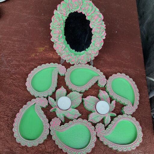 هفت سین سنگی سبز صورتی طرح ترمه با آینه و جاشمعی