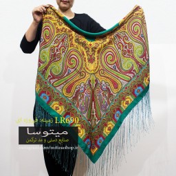 روسری ترکمن نخ ابریشم طرح ترمه سبزآبی
