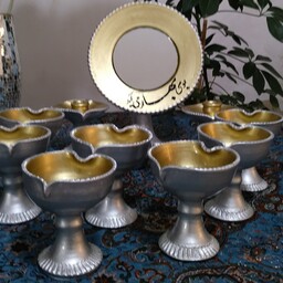 هفت سین سفالی زیبای پایه دار رنگ طلایی و نقره ای