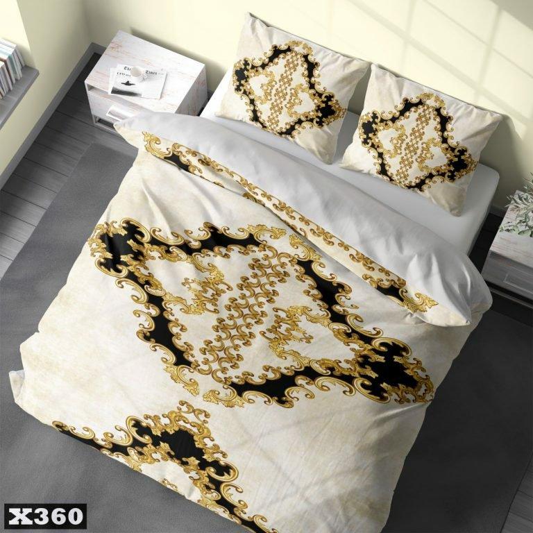سرویس روتختی یکنفره سه بعدی میکرو تترون طرح مشکی و طلایی با زمینه سفید،مناسب عروس و بزرگسال،برای تخت 90