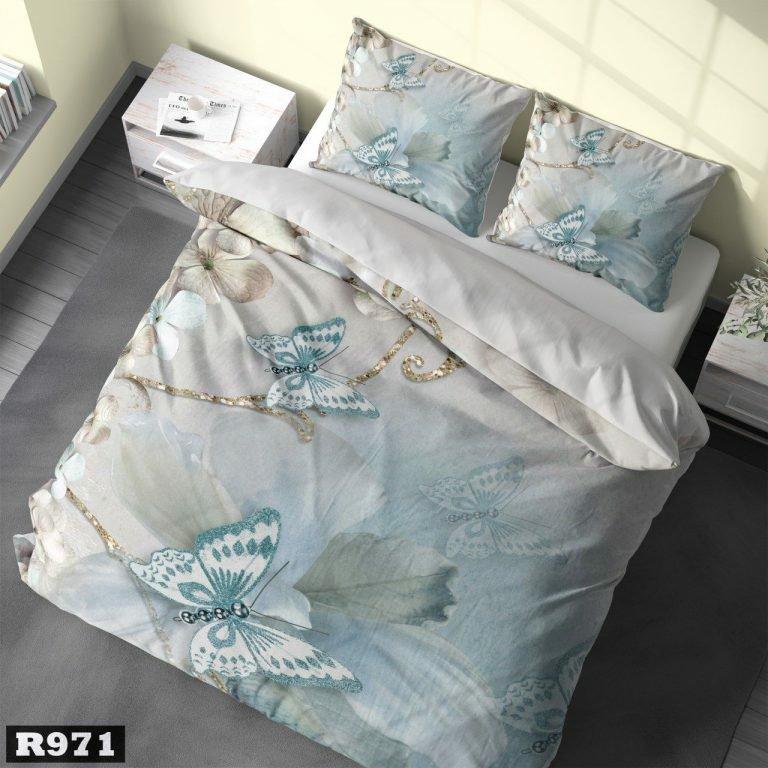 سرویس روتختی یک نفره سه بعدی میکرو تترون،طرح پروانه با زمینه طوسی آبی،مناسب بزرگسال و عروس،برای تخت 90