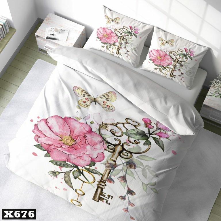 سرویس روتختی یک نفره سه بعدی میکرو تترون،طرح گل کلید و پروانه با زمینه سفید،مناسب بزرگسال و عروس،برای تخت 90