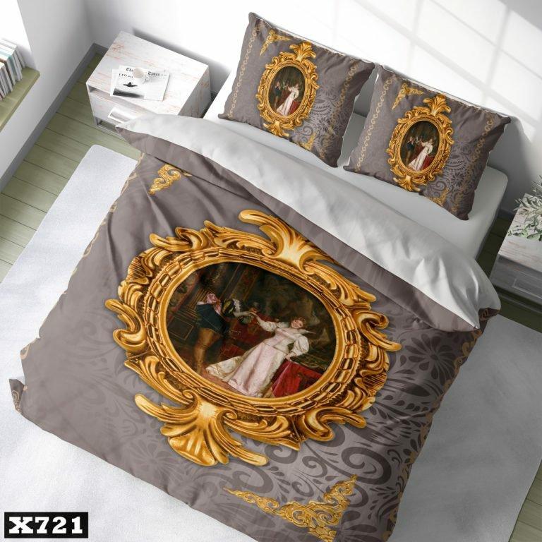 سرویس رو تختی دو نفره میکروتترون سه بعدی،طرح تابلو طلایی با زمینه کرم،برای تخت160