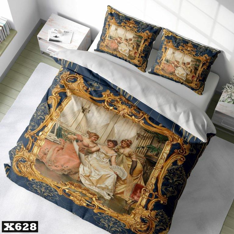 سرویس رو تختی دونفره میکروتترون سه بعدی،طرح تابلو طلایی با زمینه مشکی،مناسب بزرگسال،برای تخت160