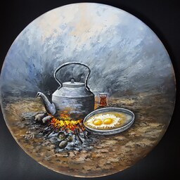 نقاشی رنگ روغن  چای و نیمره روی سفال اندازه 35در 35