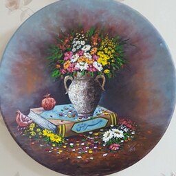 نقاشی گل و کتاب روی سفال رنگ روغن اندازه 35در 35
