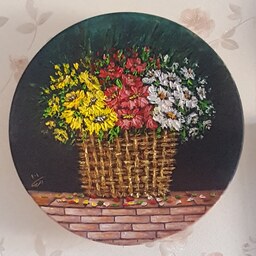 نقاشی برجسته سبد گل روی سفال رنگ روعن اندازه 35در 35