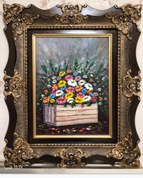 نقاشی رنگ روغن گل در جعبه قاب چوبی اندازه 30در 40