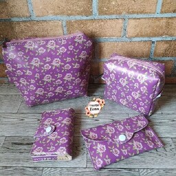 ست جاکارتی  کیف لوازم آرایش کیف پد بهداشتی و  دستمال کاغذی  طرح گل  زمینه بنفش