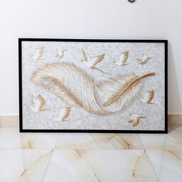 تابلو نقاشی برجسته ورق طلا مدل پر و پرنده 