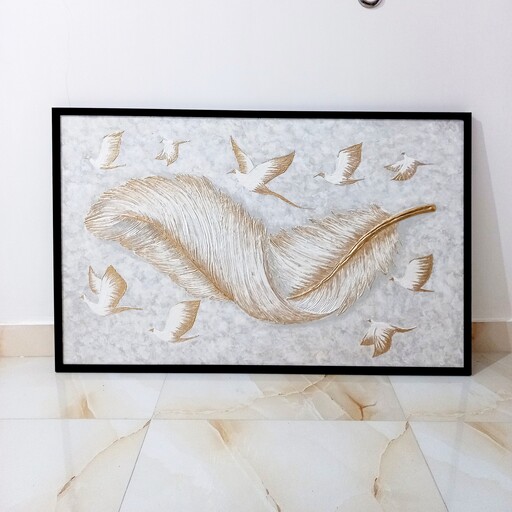 تابلو نقاشی برجسته ورق طلا مدل پر و پرنده 