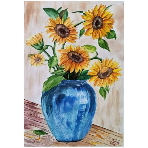 نقاشی آبرنگ گل آفتابگردان با گلدان