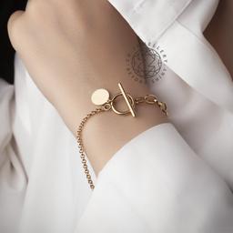 دستبند زنانه استیل قفل تی و پولکی(رنگ ثابت و ضدحساسیت)
