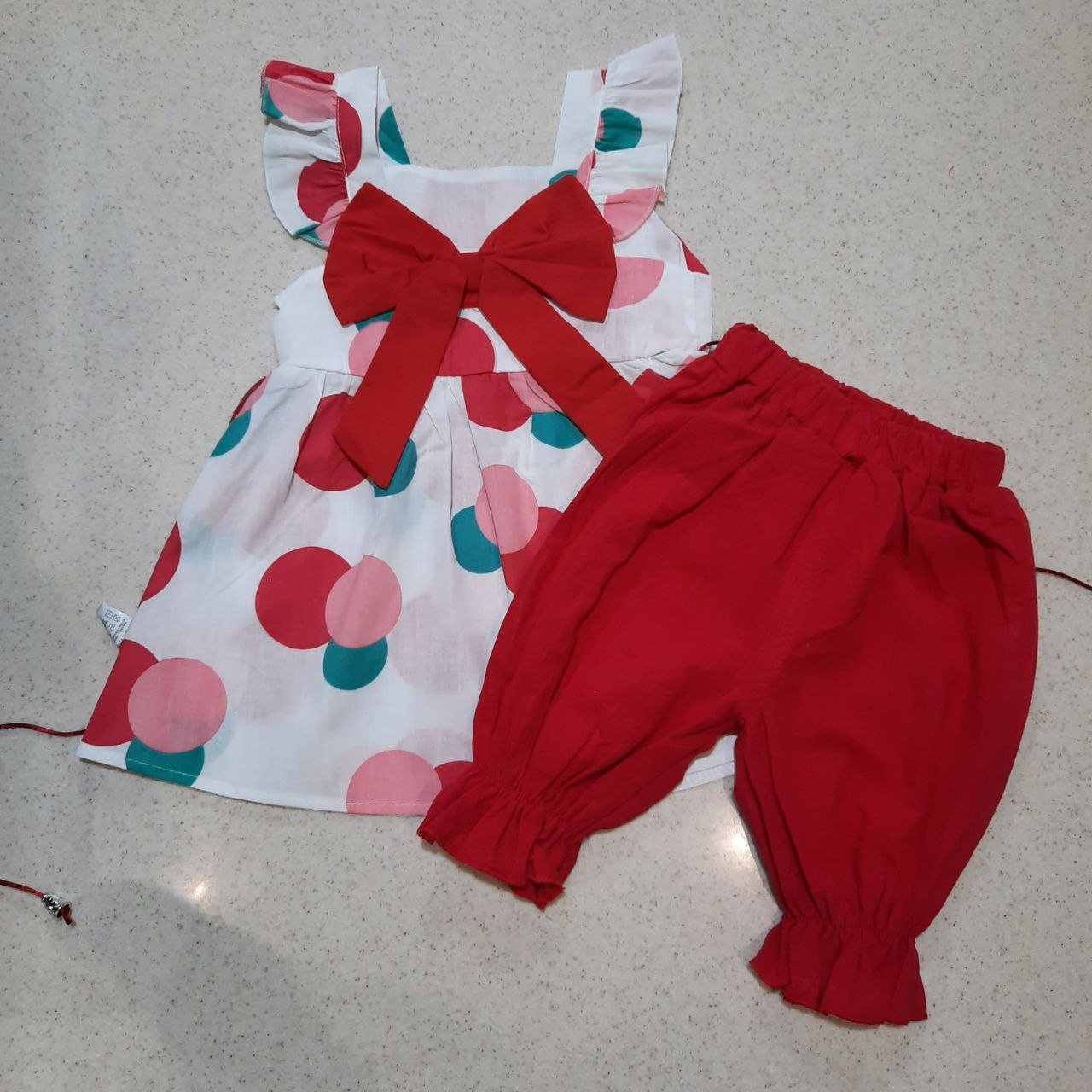 سارافون و شلوارک دخترانه - وارداتی - 9 ماه تا 5 سال - جنس نخی درجه یک طرح توپ توپی